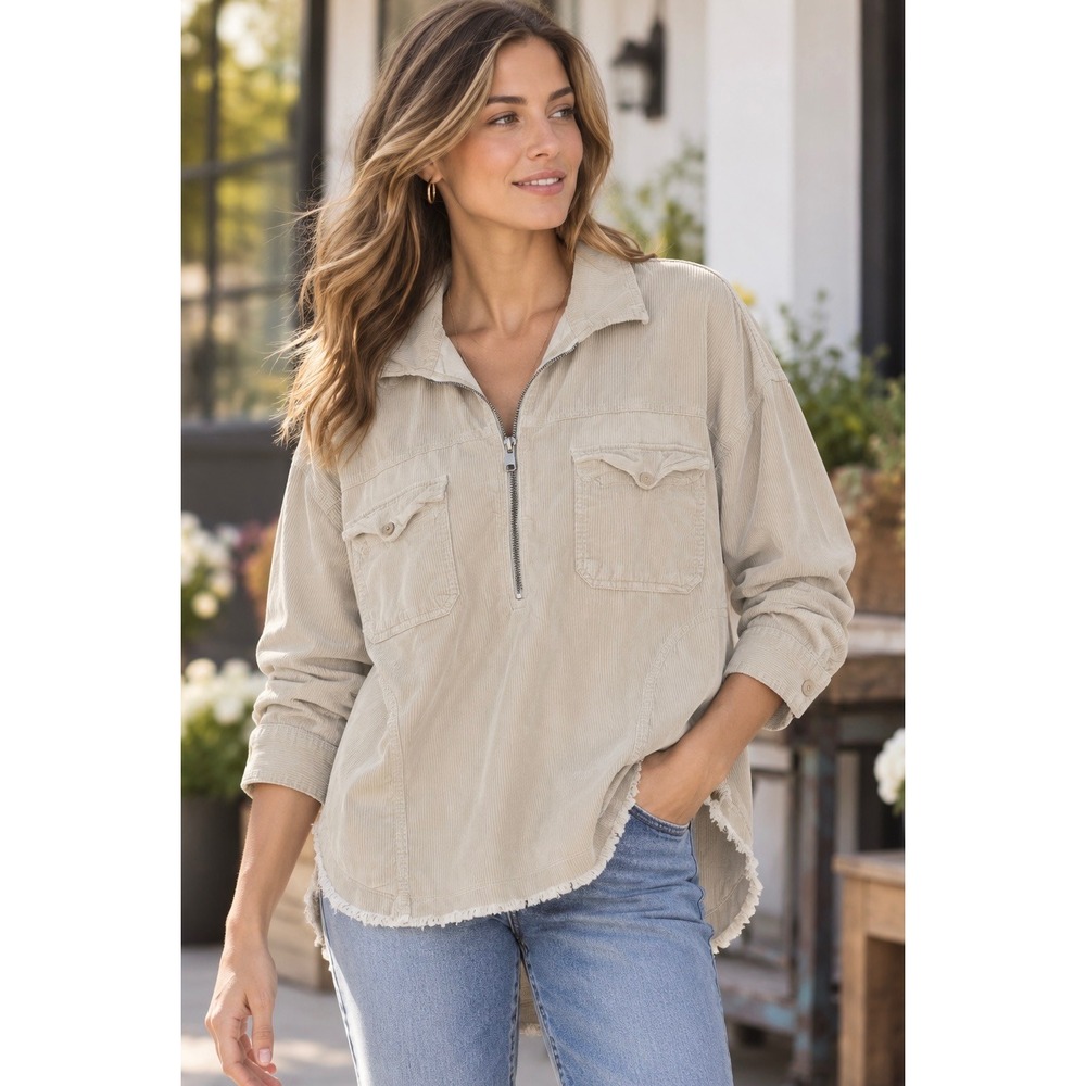 OFFLINE by Aerie Tan Corduroy Quarter Zip Pullover Small Frayed Hem Oversized